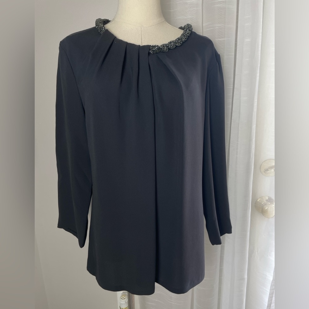 $448 NWT Lafayette 148 Black Jeweled Beaded Neckline Silk Blouse Size 12